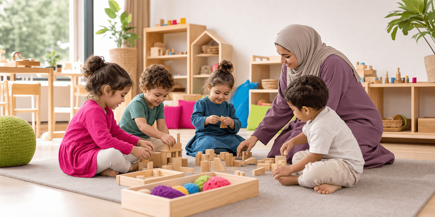 مقدمة رعاية تتفاعل مع الأطفال في مساحة لعب مهيأة