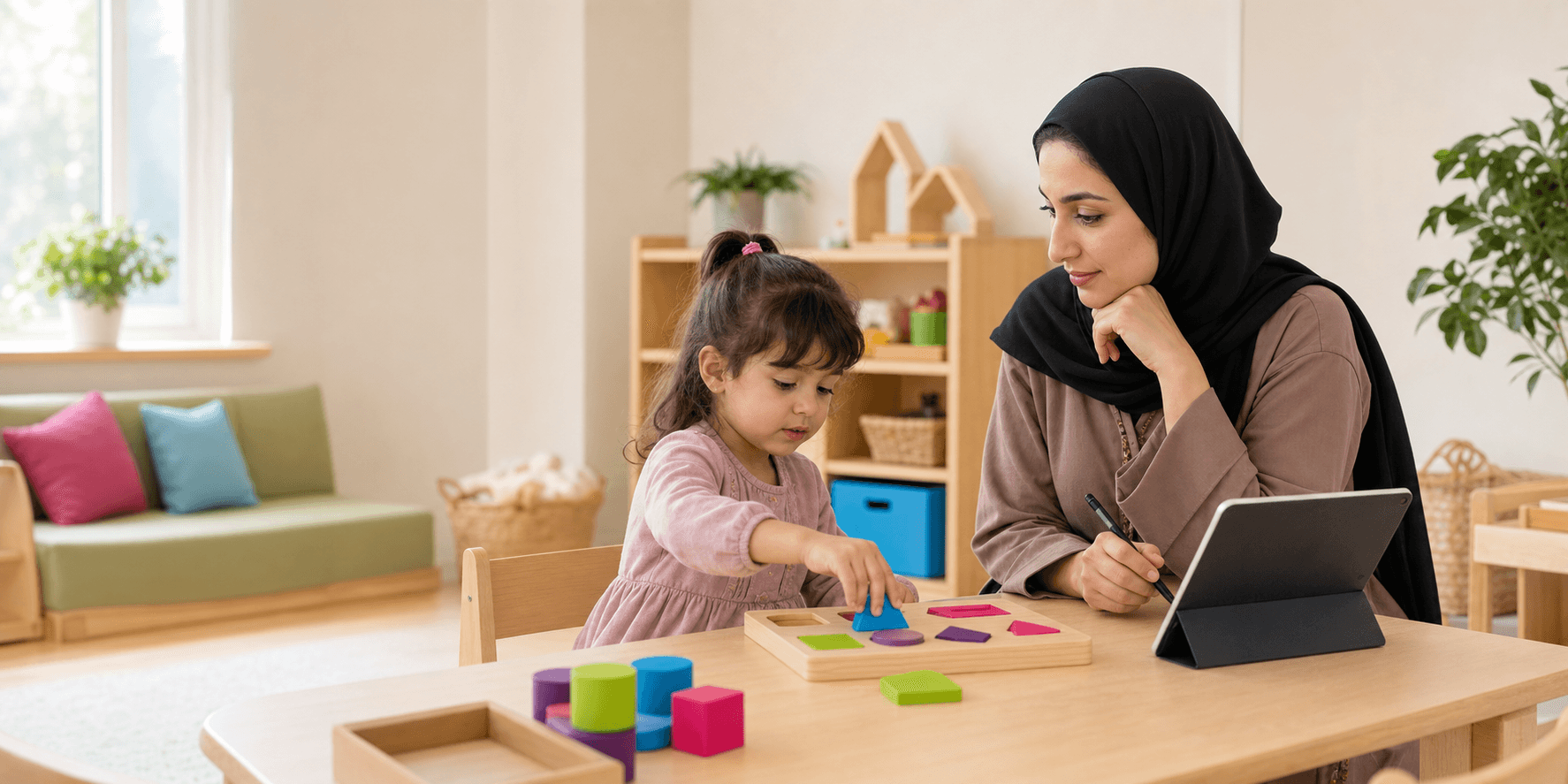 أخصائية تتابع طفلة أثناء نشاط منظم